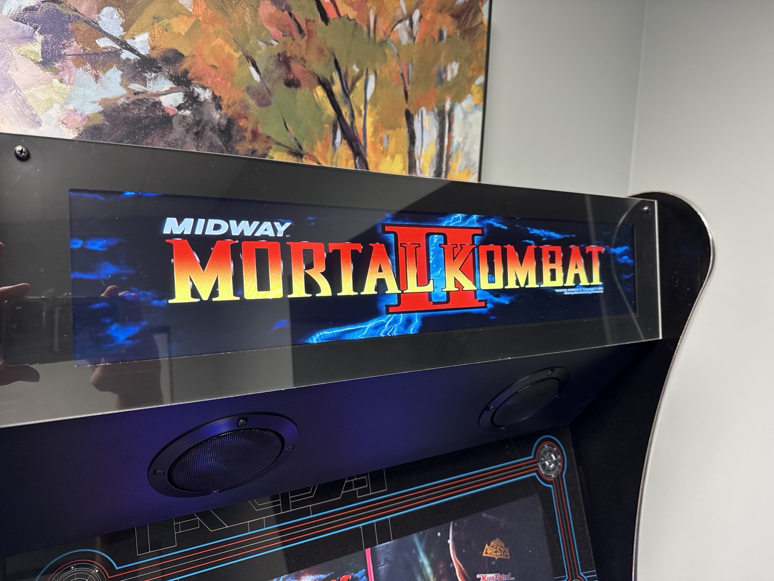 Gary's arcade cabinet with a custom top marquee display cover and black mask installed